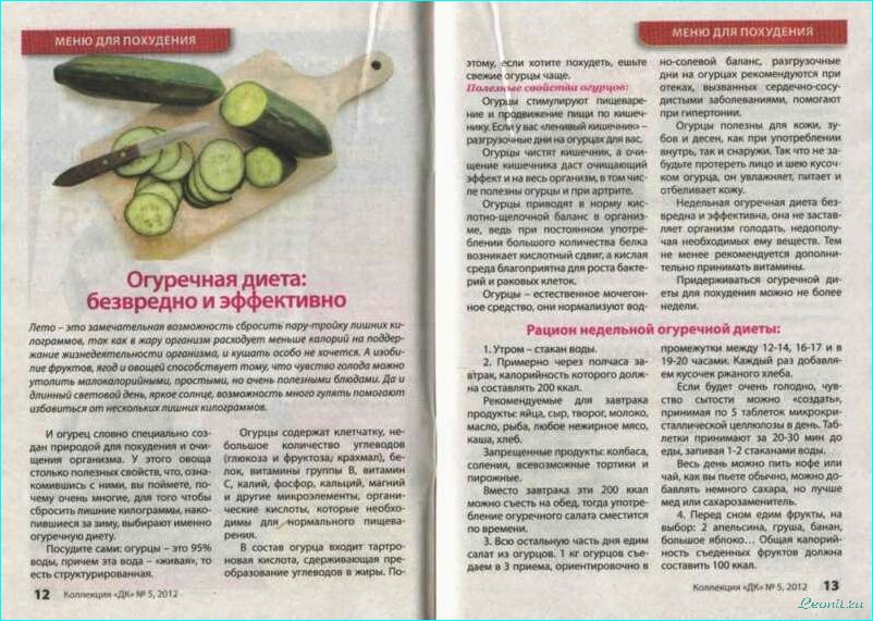 Огуречная диета: меню на неделю, рецепты блюд, полезные свойства огурцов